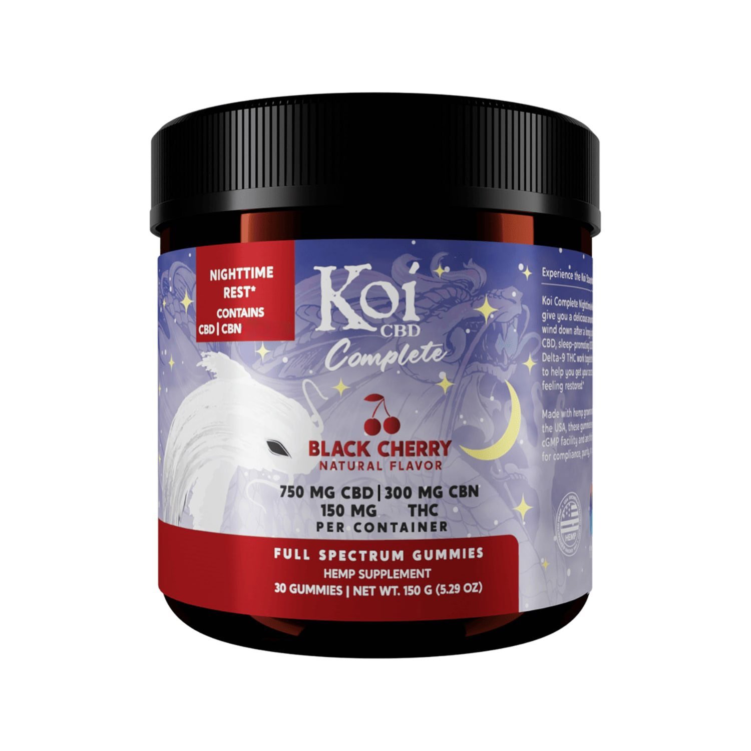 Koi CBD, Complete Full Spectrum CBD Gummies – Nighttime Rest, Black Cherry, 30ct, 300mg CBN + 150mg THC + 750mg CBD